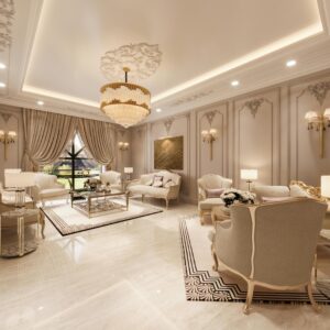 Spacious luxury lounge featuring elegant furniture, chandelier, and classic design elements.
