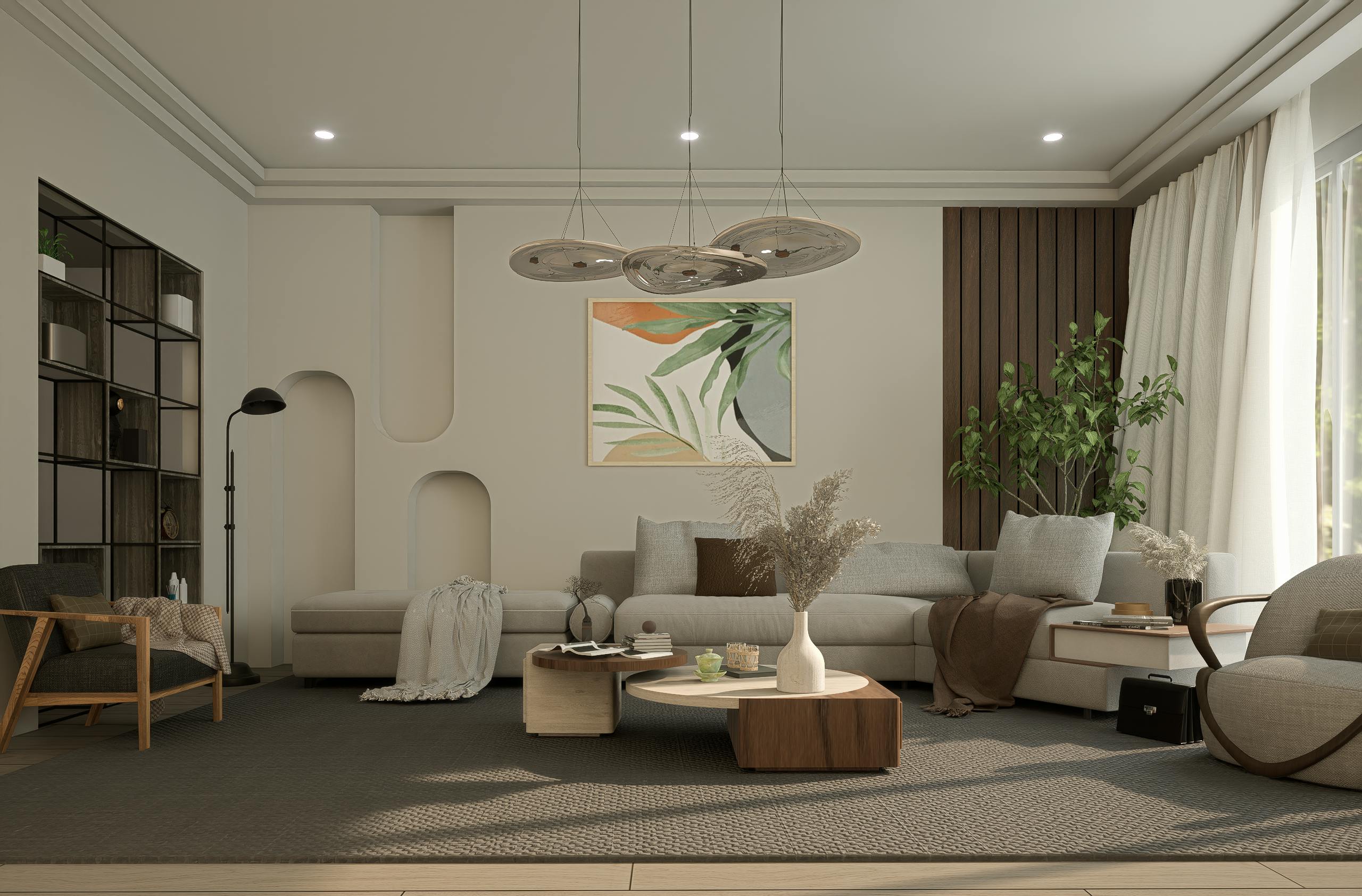 Stylish and modern living room featuring neutral colors and contemporary decor.