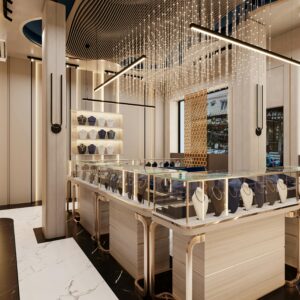 A stunning jewelry store interior featuring modern design with elegant lighting and showcases.